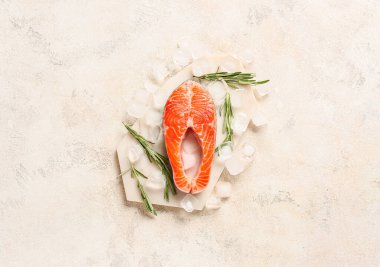 Hafif arka planda çiğ somon bifteği ve buz.