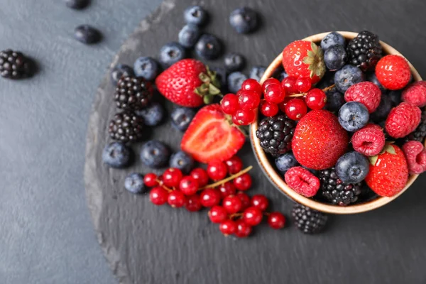 Bowl Different Ripe Berries Dark Background — Stock Photo, Image