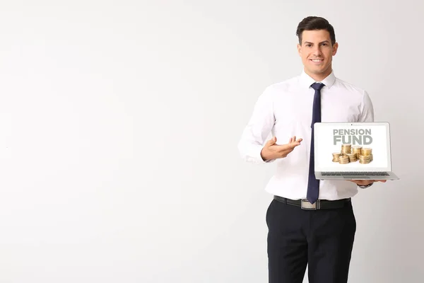 Young Businessman Holding Laptop Open Page Online Pension Fund Light — Stock Photo, Image