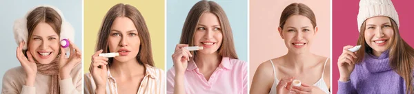 Collage Van Mooie Jonge Vrouw Met Lippenbalsem — Stockfoto