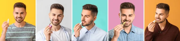 Collage Eines Hübschen Jungen Mannes Mit Lippenbalsam — Stockfoto