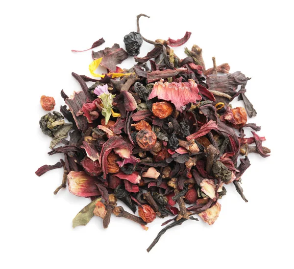 Dry hibiscus tea with fruits on white background