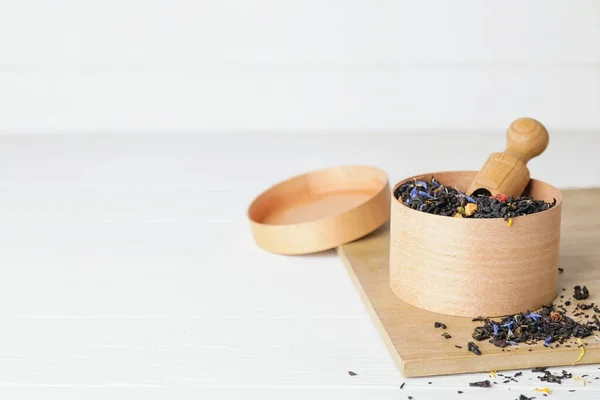 Box Dry Fruit Tea Light Wooden Background — Stock Photo, Image