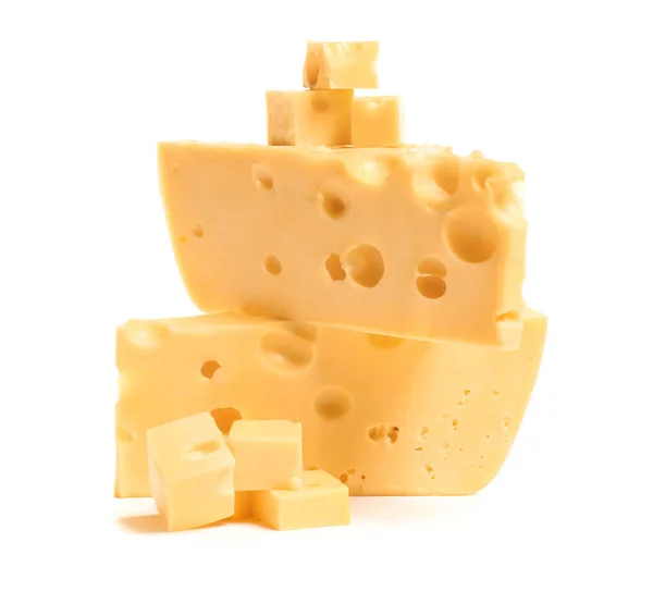 Pieces Tasty Cheese White Background — Stock Photo, Image