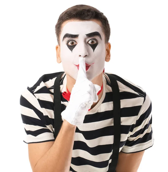 Masculino Pantomimista Mostrando Silêncio Gesto Branco Fundo — Fotografia de Stock