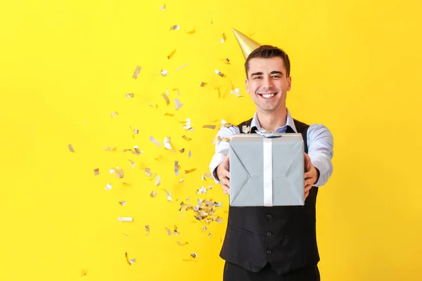 Happy Man Celebrating Birthday Color Background — Stock Photo, Image