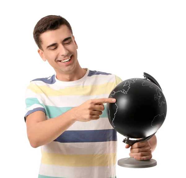 Turista Masculino Com Globo Fundo Branco — Fotografia de Stock