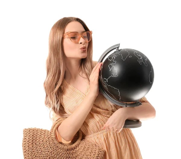 Feminino Turista Com Globo Fundo Branco — Fotografia de Stock