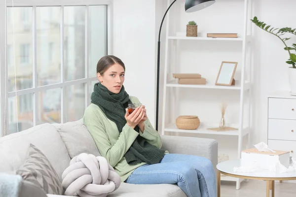 Sick Young Woman Drinking Hot Tea Home — Stock Photo, Image