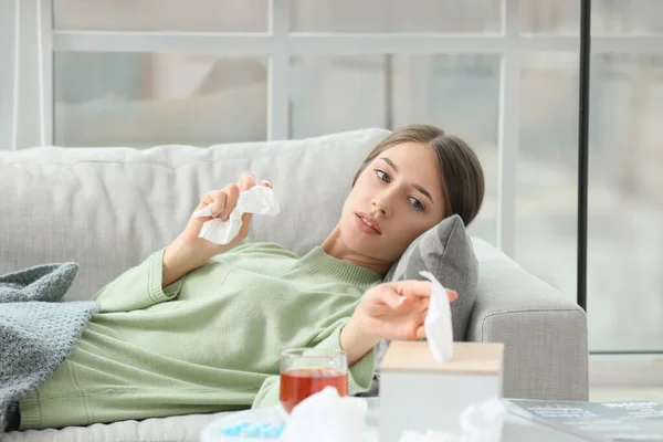 Sick Young Woman Lying Sofa Home — Stock Photo, Image