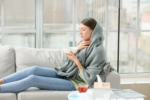 Sick Young Woman Eating Chicken Soup Home — Stock Photo, Image