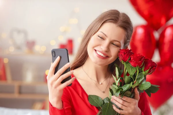 Young Woman Video Chatting Beloved Valentine Day Home — Stock Photo, Image