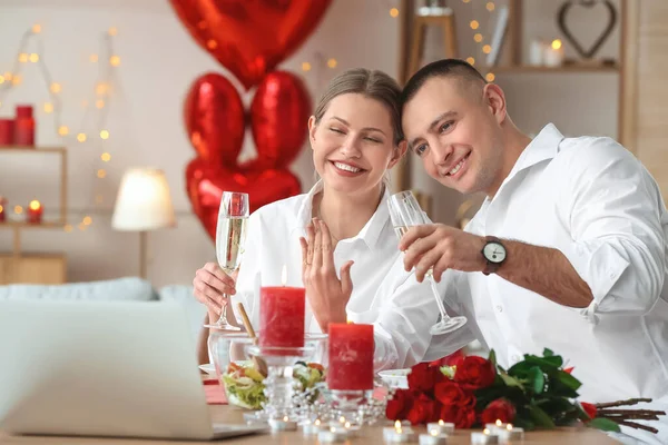 Happy Engaged Couple Video Chatting Friends Valentine Day Home — Stock Photo, Image