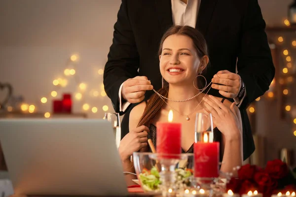 Young Man Greeting His Girlfriend Valentine Day Home — Stock Photo, Image