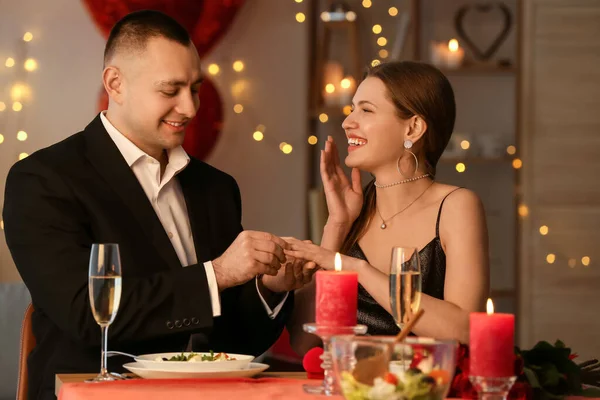 Young Man Putting Ring Finger His Fiancee Marriage Proposal Valentine — Stock Photo, Image