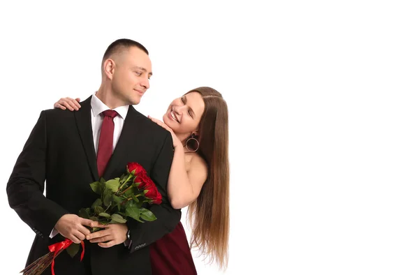 Pareja Joven Con Flores Sobre Fondo Blanco Celebración San Valentín —  Fotos de Stock