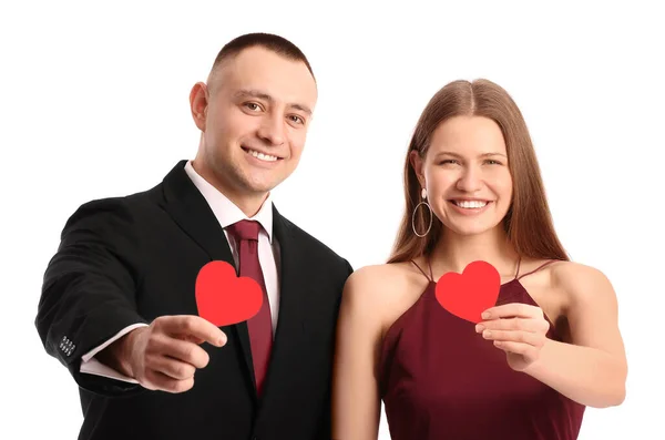 Pareja Joven Con Corazones Rojos Sobre Fondo Blanco Celebración San —  Fotos de Stock