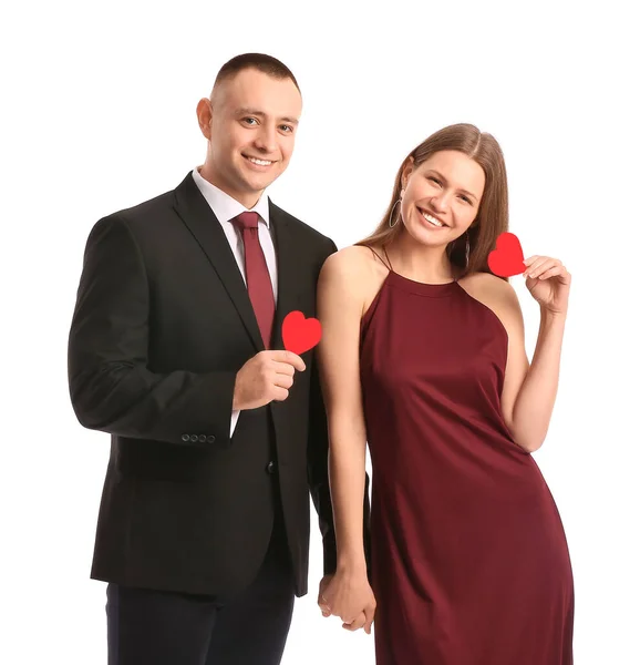 Pareja Joven Con Corazones Rojos Sobre Fondo Blanco Celebración San —  Fotos de Stock