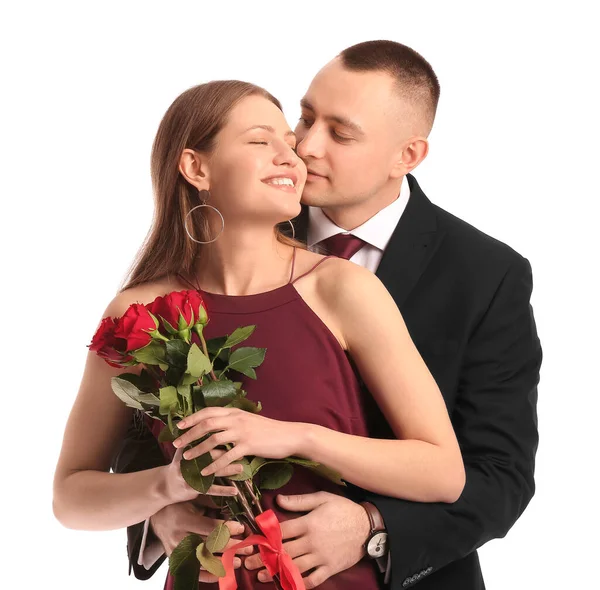 有白色背景花朵的年轻夫妇 情人节庆祝活动 — 图库照片