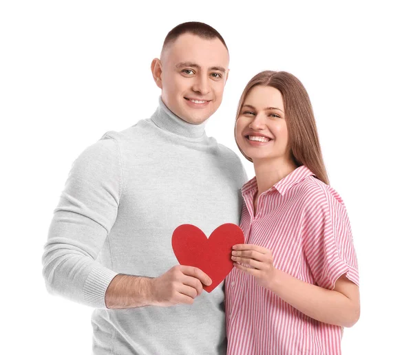 Pareja Joven Con Corazón Rojo Sobre Fondo Blanco Celebración San — Foto de Stock