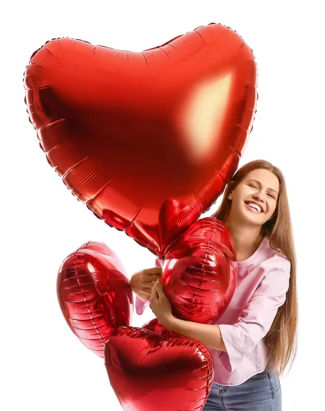 白い背景に気球を持つ若い女性 バレンタインデーのお祝い — ストック写真