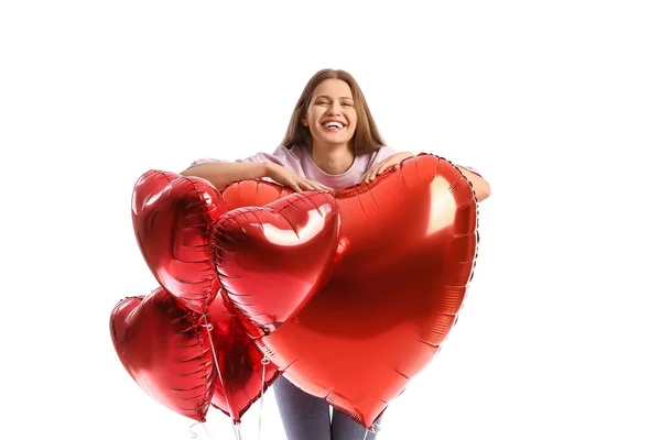 Jovem Com Balões Sobre Fundo Branco Celebração Dia Dos Namorados — Fotografia de Stock