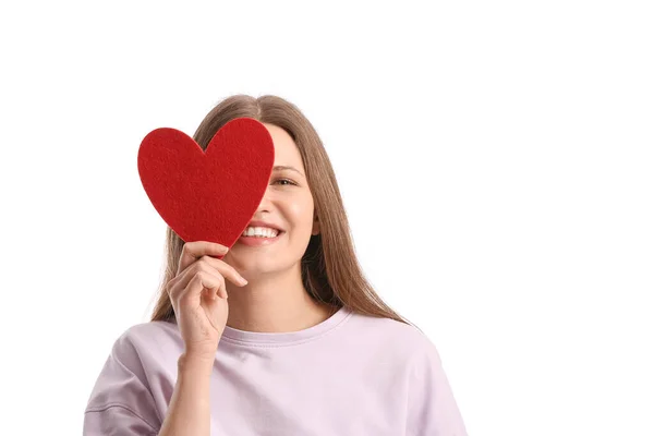 Mujer Joven Con Corazón Rojo Sobre Fondo Blanco Celebración San —  Fotos de Stock