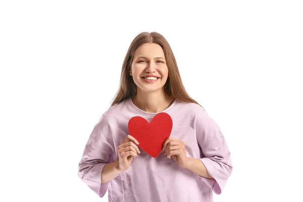 Mujer Joven Con Corazón Rojo Sobre Fondo Blanco Celebración San —  Fotos de Stock