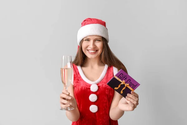 Young Woman Santa Claus Costume Gift Card Glass Champagne Grey — Stock Photo, Image