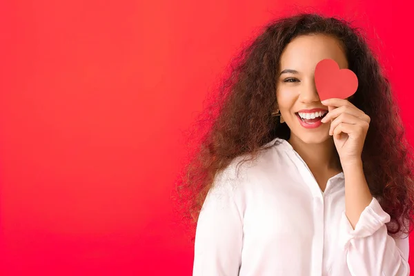 African American Woman Red Heart Color Background Valentine Day Celebration — Stock Photo, Image