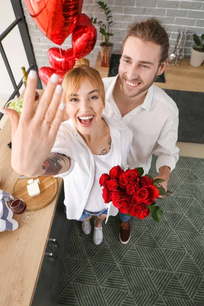 Happy Engaged Couple Valentine Day Home — Stock Photo, Image