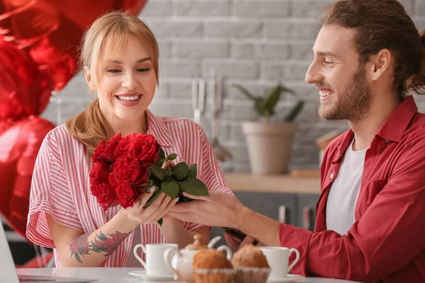 Young Man Greeting His Girlfriend Valentine Day Home — Stock Photo, Image