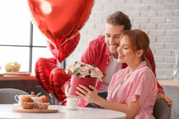 Young Man Greeting His Girlfriend Valentine Day Home — Stock Photo, Image