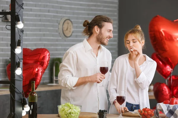 Young Couple Celebrating Valentine Day While Cooking Festive Dinner Home — Stock Photo, Image