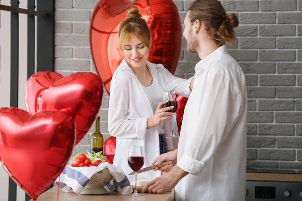 Young Couple Celebrating Valentine Day While Cooking Festive Dinner Home — Stock Photo, Image