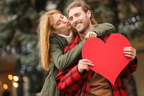 Happy Young Couple Walking City Valentine Day — Stock Photo, Image