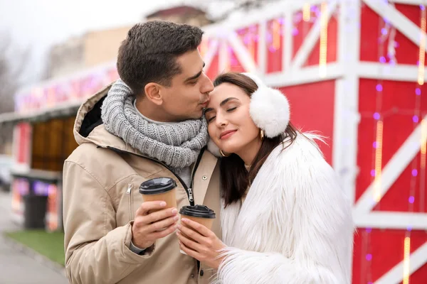 Happy Young Couple Christmas Fair Outdoors — Stock Photo, Image