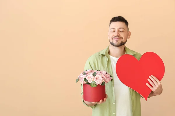 Handsome Man Bouquet Beautiful Flowers Red Heart Color Background — Stock Photo, Image