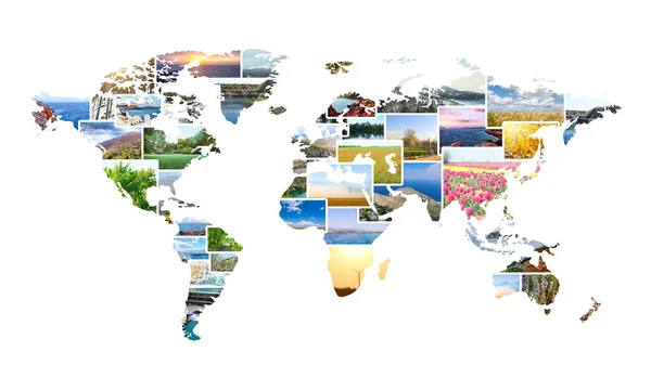 Mapa Mundo Feito Fotos Com Diferentes Paisagens Pitorescas Sobre Fundo — Fotografia de Stock