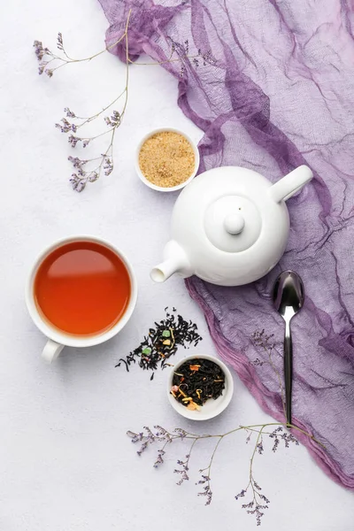 Composition Teapot Cup Tea Light Background — Stock Photo, Image