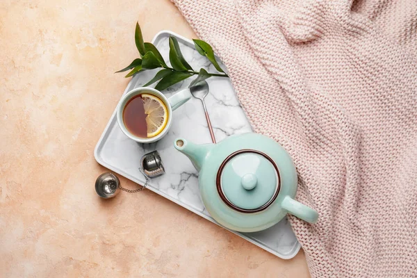 Composition Teapot Cup Tea Color Background — Stock Photo, Image