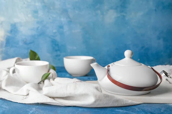Teapot Cups Tea Color Background — Stock Photo, Image