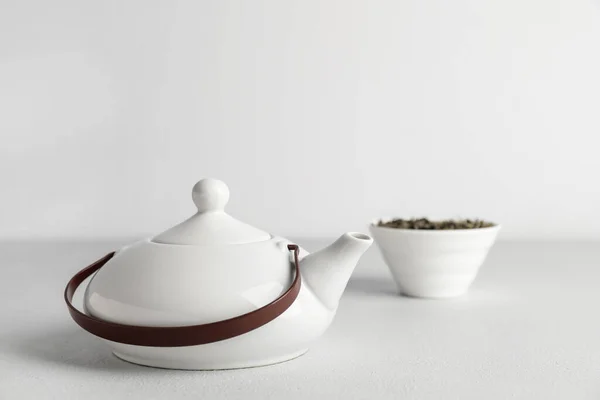 Composition Teapot Dry Tea Leaves Bowl Light Background — Stock Photo, Image