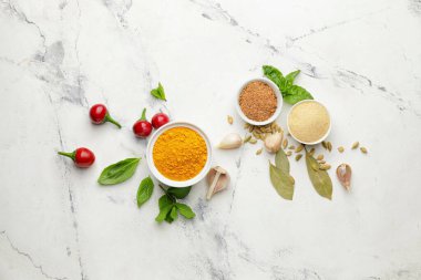 Hafif arka planda farklı baharat ve bitkilerle kompozisyon