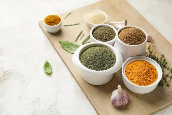 Board Different Spices Herbs Light Background — Stock Photo, Image