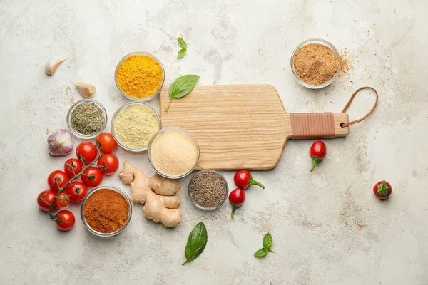 Composition Different Spices Tomatoes Light Background — Stock Photo, Image