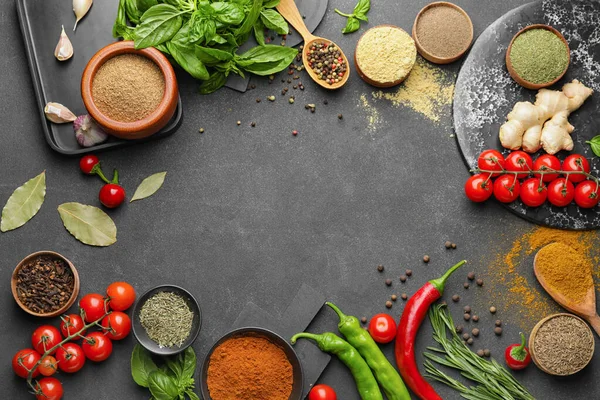 Frame Made Different Spices Herbs Vegetables Dark Background — Stock Photo, Image