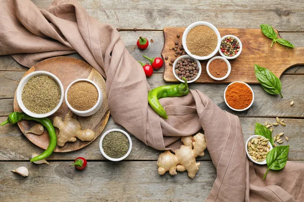 Composition Different Spices Wooden Background — Stock Photo, Image