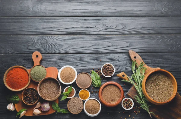 Different Spices Herbs Dark Wooden Background — Stock Photo, Image