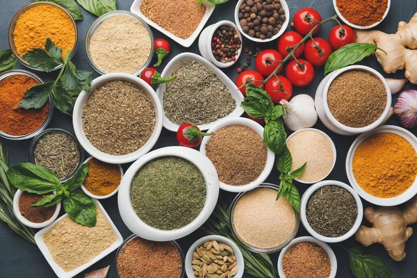 Bowls Different Spices Herbs Dark Background Closeup — Stock Photo, Image